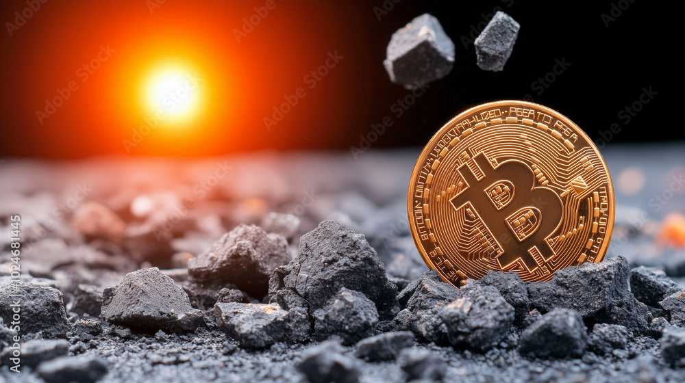 Poster digital coins are depicted falling from crumbling surface, symbolizing volatility of cryptocurrency.