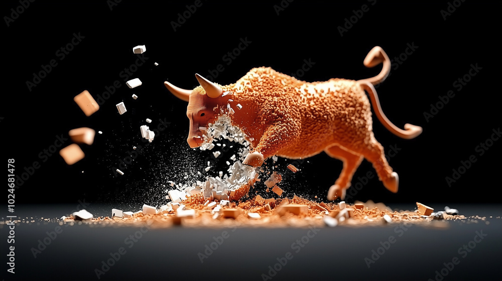 Poster dynamic digital representation of bull statue shattering into pieces, showcasing power and energy of moment. vibrant colors and intricate details create striking visual impact