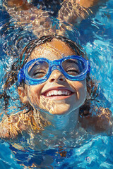 Fototapeta premium A cheerful Arabian girl with blue goggles swims with glee, her eyes sparkling as she glances at her parents from the pool. The warmth of the sun and the inviting blue water create a perfect backdrop