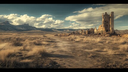 Abandoned Miner's Haven, a stark terrain revealing remnants of a forgotten mining town under an expansive sky, whispering tales of the past