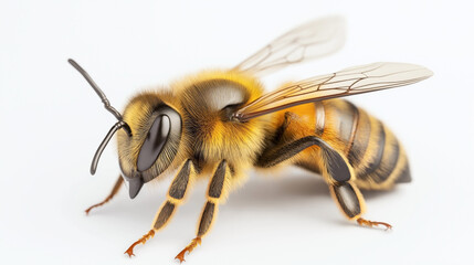 Close-up view of a highly detailed honey bee with visible wings, eyes, and legs on a plain background