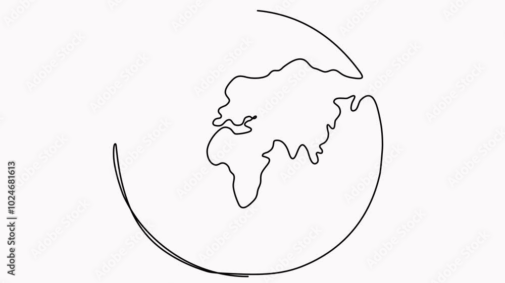 Wall mural Animated Earth continuous line drawing. World map one line art animation. Earth globe hand drawn symbol video.