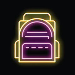 Neon sign in the shape of a backpack is glowing on a black background