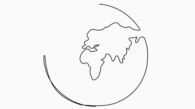 Animated Earth continuous line drawing. World map one line art animation. Earth globe hand drawn symbol video.