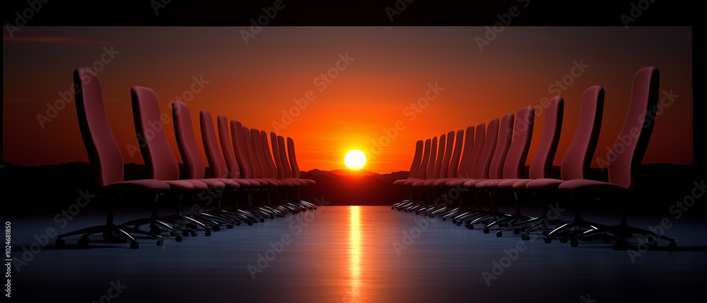 Poster serene sunset illuminates empty boardroom filled with overturned chairs, creating striking contrast 