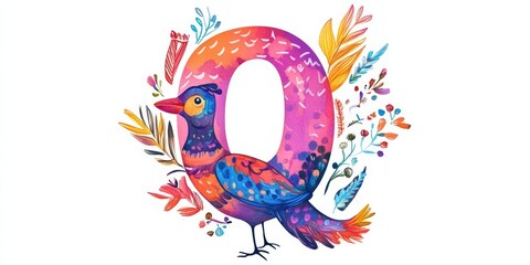 A colorful bird stands inside the letter Q.