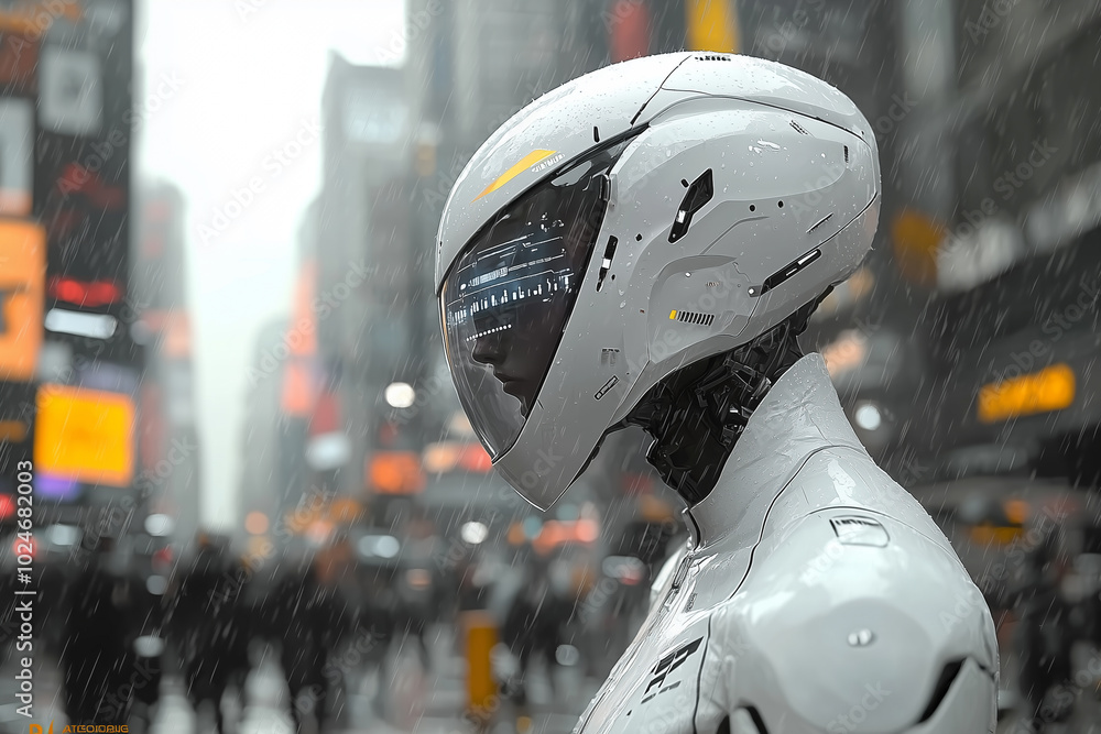 Poster futuristic robot character stands in rainy urban environment, showcasing sleek design with divided f