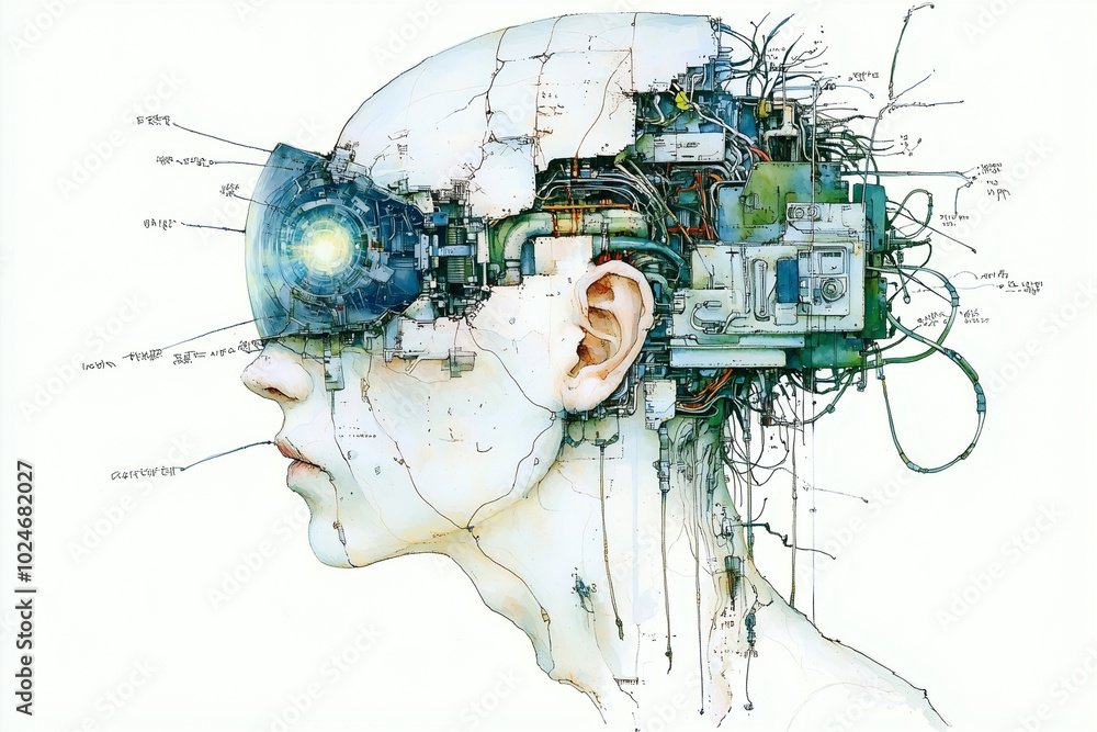 Poster futuristic cyberpunk character with divided face showcases intricate mechanical components and glowing elements. design blends human features with advanced technology, evoking sense of innovation and