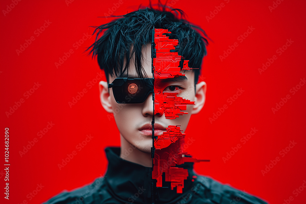 Poster striking cyberpunk character with divided face, showcasing blend of technology and human features ag