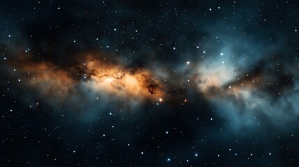 Naklejka premium Colorful nebula with bright stars and cosmic dust in deep space, displaying hues of orange, blue, and black, illustrating a celestial phenomenon.