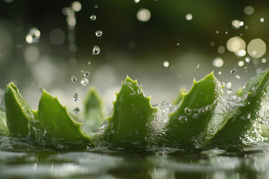 A captivating image showcases aloe vera segments amidst a dramatic water splash, with droplets frozen in mid-air. The interplay of light and water creates an energetic scene, emphasizing the