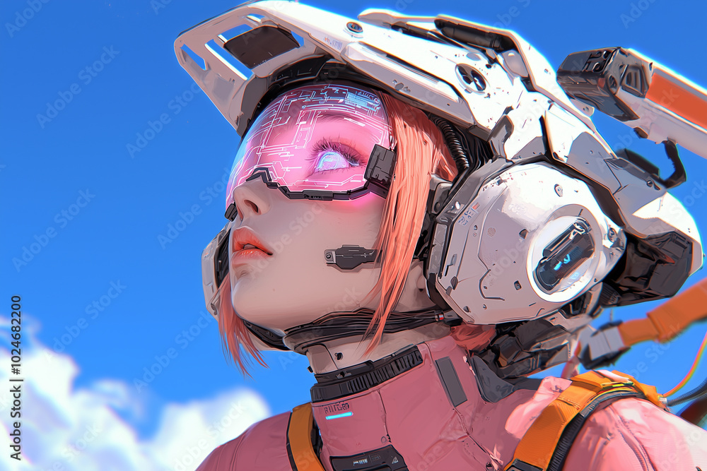 Poster futuristic cyberpunk character gazes upward, showcasing divided face with high tech features and vib