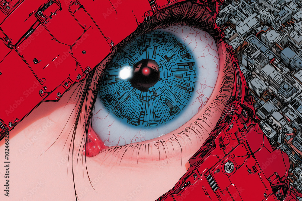 Aufkleber striking cyberpunk illustration featuring close up of divided face with vibrant blue eye. intricate 