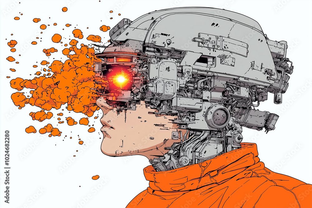 Poster futuristic cyberpunk character with divided face, showcasing intricate mechanical details and vibrant orange elements. characters visor emits glowing light, creating striking visual effect