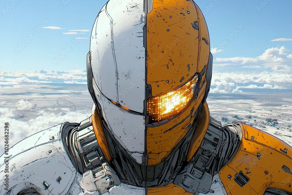 Poster striking cyberpunk character with divided face, showcasing blend of white and orange armor. futurist