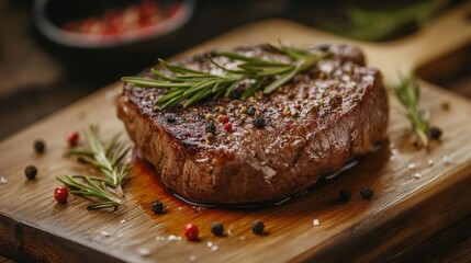 Roasted beef with pepper and rosemary on wood.