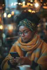 Obraz premium Young adult African American woman in a trendy coffee shop, sipping a latte while making a cryptocurrency transaction on her smartphone, soft lighting creating a cozy ambiance.