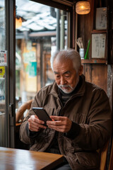 Senior Japanese man in a cozy, quiet cafÃ©, sipping on green tea, tapping his smartphone to complete a cryptocurrency transaction, with peaceful background music playing.