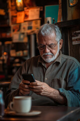 Senior Brazilian man in a quiet corner of a rustic coffee shop, holding his phone to make a cryptocurrency transaction, while enjoying a warm cup of coffee.