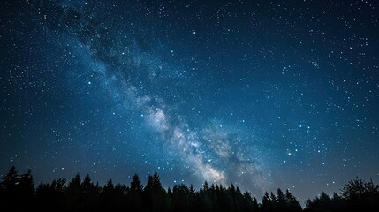 Panoramic blue night sky with milky way and stars on dark background. Fill the universe, nebulae and galaxies with noise and particles. Dark night sky.