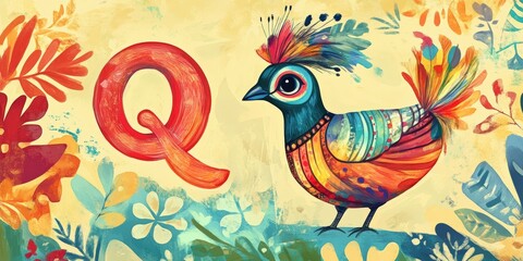 Colorful bird, letter Q, abstract floral background.