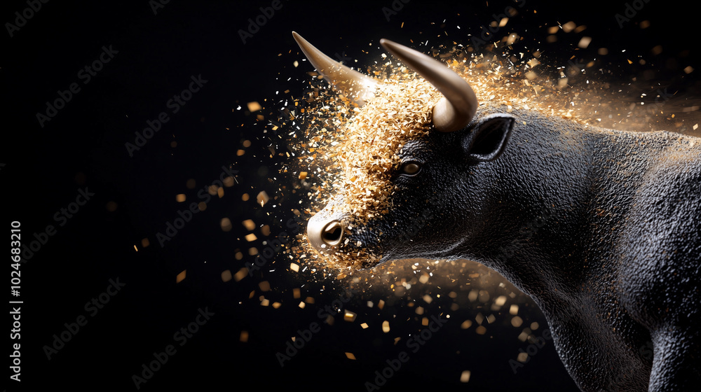 Poster striking image of bull with its head appearing to split apart, releasing cascade of golden particles