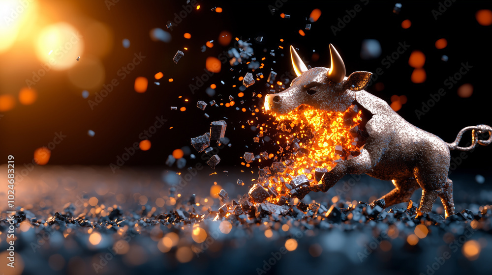 Poster dynamic bull statue appears to be splitting apart, with fiery sparks and debris flying around, symbo