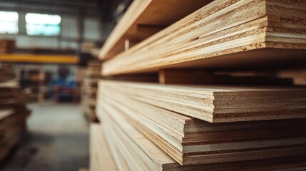 Obraz premium Stack of plywood sheets in warehouse. This image can be used for construction, home improvement or woodworking related projects.