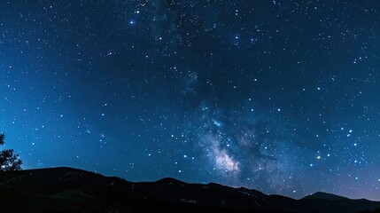 Fototapeta premium Panoramic blue night sky with milky way and stars on dark background. Fill the universe, nebulae and galaxies with noise and particles. Dark night sky.