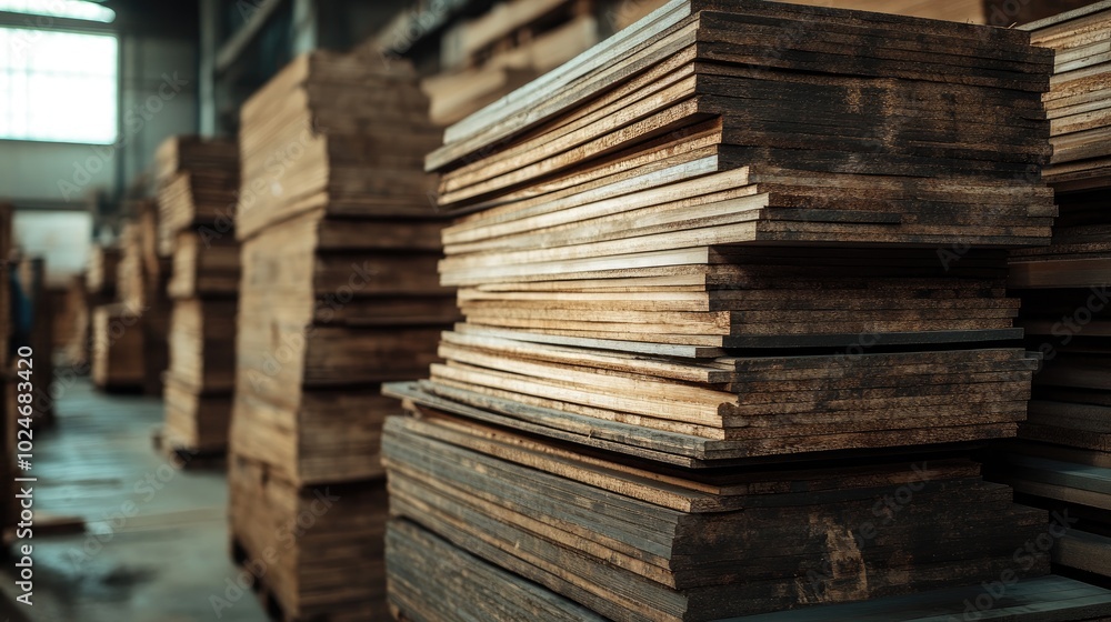 Poster stacked wooden planks in a warehouse. this image is perfect for illustrating concepts like construct