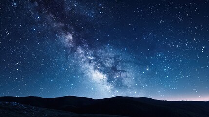 Fototapeta premium Panoramic blue night sky with milky way and stars on dark background. Fill the universe, nebulae and galaxies with noise and particles. Dark night sky.