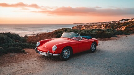 Fototapeta premium A classic red convertible car parked on a cliff overlooking the ocean at sunset.