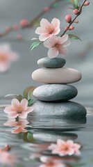 Balanced stones stacked on top, with peach blossoms and green leaves