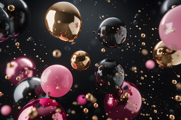 3d gold, pink and black balloons frame on black background. Birthday card with copy space