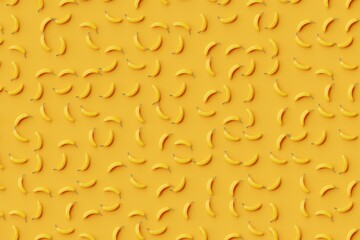 Many bananas on orange background. Top flat view, disorder and grid, diagonal. 3d render, illustration