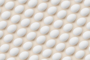 Many white eggs on peach puff background. Top flat view, disorder. 3d render, illustration