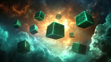 A cosmic scene featuring floating green cubes amidst a colorful nebula and clouds.