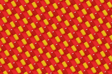 Many red and yellow pills on red background. Top flat view, order. 3d render, illustration