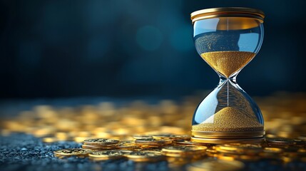 An hourglass sits on a bed of gold coins, symbolizing the passage of time and wealth.