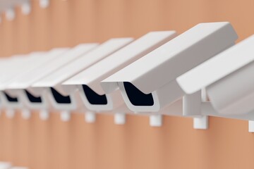 Many cctv on sienna background. cameras looking left at the same direction. 3d render, illustration