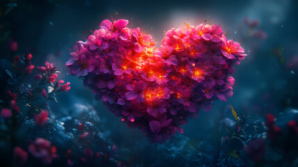 Flower arrangement shaped like a heart with pink blossoms.