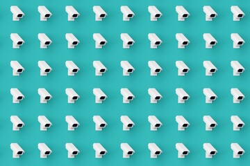 Many cctv on teal background. Top flat view, cameras looking right. 3d render, illustration