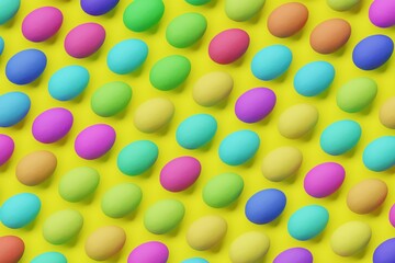 Many colorful eggs on yellow background. Top flat view, disorder. 3d render, illustration