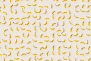 Many bananas on bisque background. Top flat view, disorder and grid, diagonal. 3d render, illustration