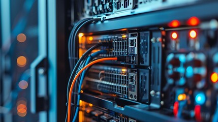 An intricate look at a server system with detailed components and network cables revealed inside showing essential technology for IT infrastructure in modern data processing centers