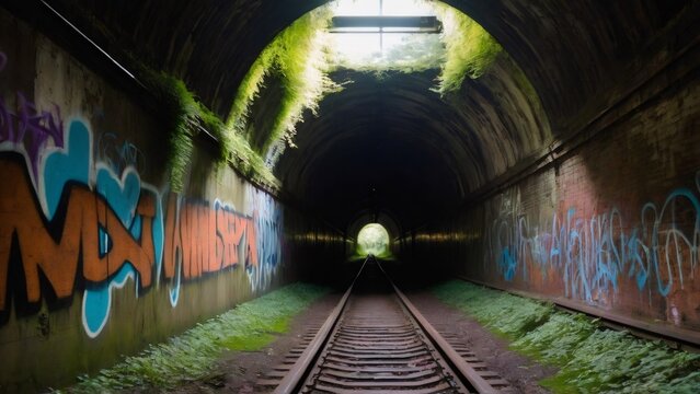 Underground Railway Tunnel with Graffiti and Moss: A vibrant underground railway tunnel featuring spray-painted graffiti on the walls and a thick layer of green moss and plants creeping along the trac