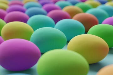 Many colorful eggs on cadet blue background. Closeup view, macro shot, selective focusmacro shot. 3d render, illustration