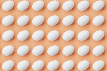 Many white eggs on coral background. Top flat view, vertical. 3d render, illustration