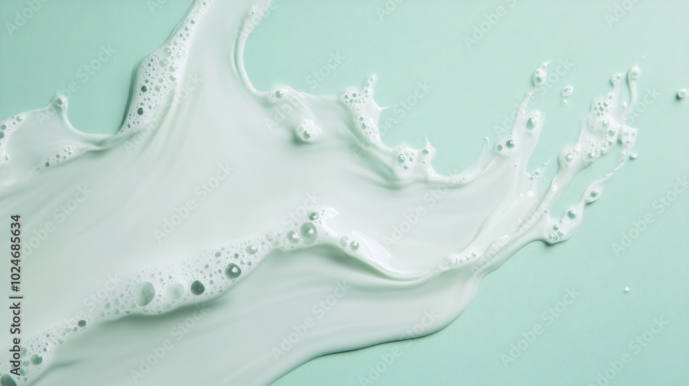 Poster spilled milk creating abstract wave patterns on a pastel green background, capturing motion.