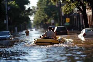 A man and a woman paddle through a flooded street in a small inflatable boat, with submerged vehicles and street signs marking the watery path ahead.